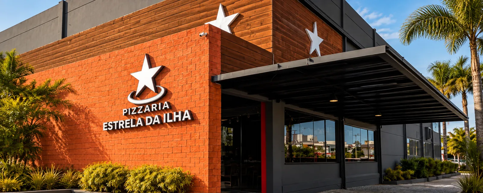Fachada da Pizzaria Estrela da Ilha, tijolo laranja e letreiro com a estrela